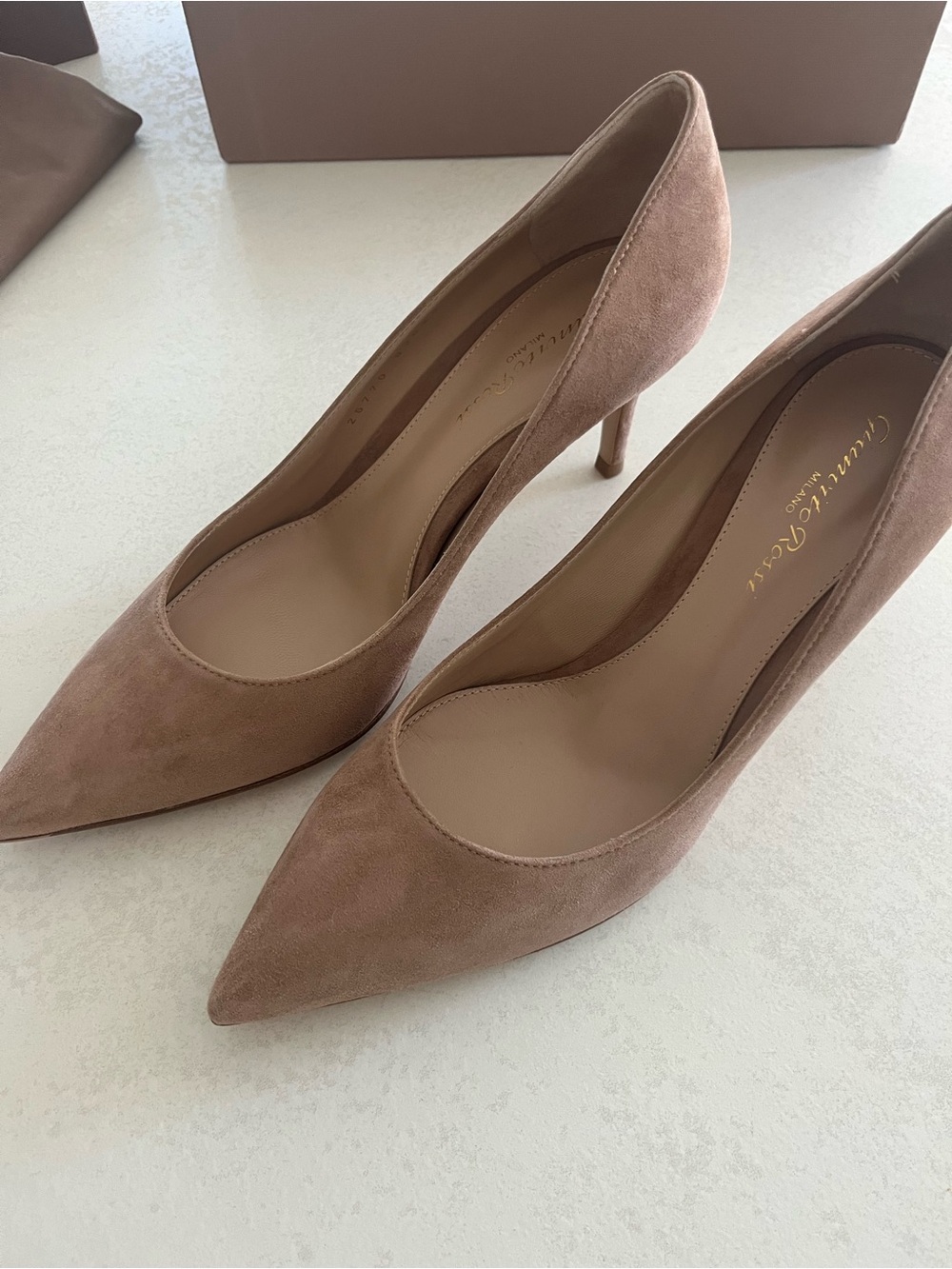 Gianvito Rossi Suede Pointed-Toe Pumps in Praline Beige